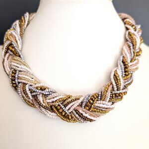 Braided gold, white, cream and silver seed bead necklace